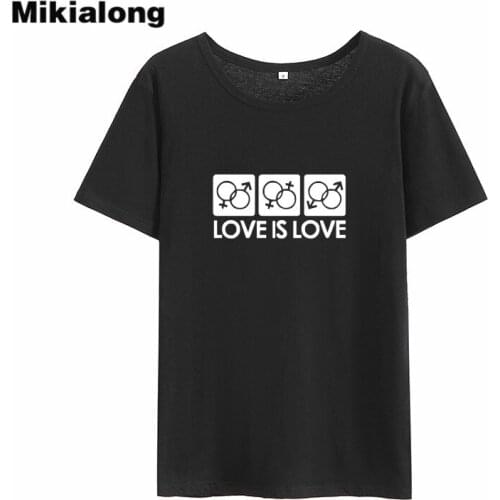 Mikialong Love Is Love Print T-shirt Women 2018 Summer Black White Cotton Tee Shirt Femme Loose Casual Women Tshirt Tops
