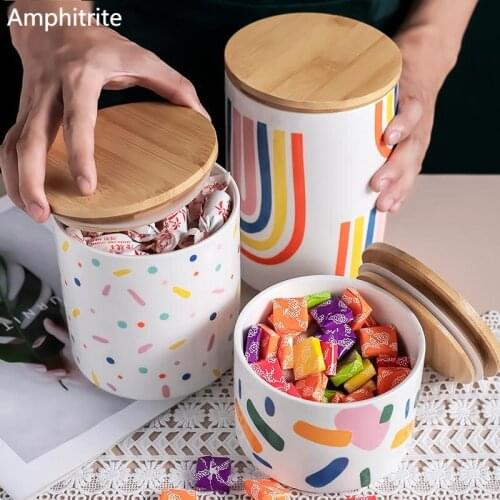 Hermetic Ceramics Jar Of Sweet Grains Creative Wood Lid Storage Jar Dried Fruits Snack Kitchen Storage Box Supplies Container