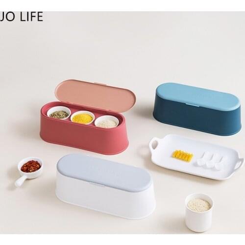 JO LIFE Ceramic Seasoning Rack Spice Pots Bowls With Spoon Porcelain Box Storage Container Condiment Jars