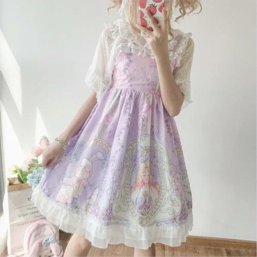 Kawaii Japanese JSK Lolita dress women soft sister cute rabbit and rose loita Sleeveless dress suspender skirt jsk loli skirt cu