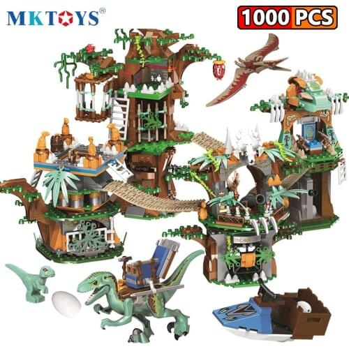 MKTOYS Jurassic Dinosaur World Park 1000PCS Velociraptor Chase Tree House Building Blocks Gifts Figures Bricks Dinosaure Jouet