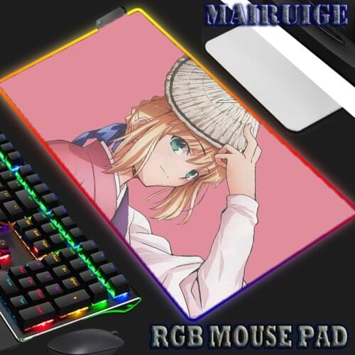Anime Girl Pink Background RGB Mouse Pad Lights Mousepad Gaming Accessories PC Laptop Gamer Desk Mat Computer Keyboard LED Pad