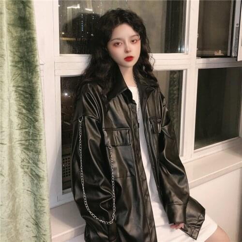 Autumn Winter Women Jacket Oversize PU Leather coat Loose With Chain Fashion Casual Streetwear Female Coat 2020 HOT