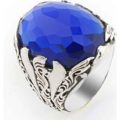 925 sterling Silver Big Blue Zircon Stone Mens Ring