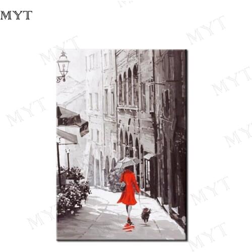 MYT Free Shipping Red Dress Girl Oil Painting No Frame Wall Art Painting City Scenery Wall Art Canvas Hot Selling For Decor