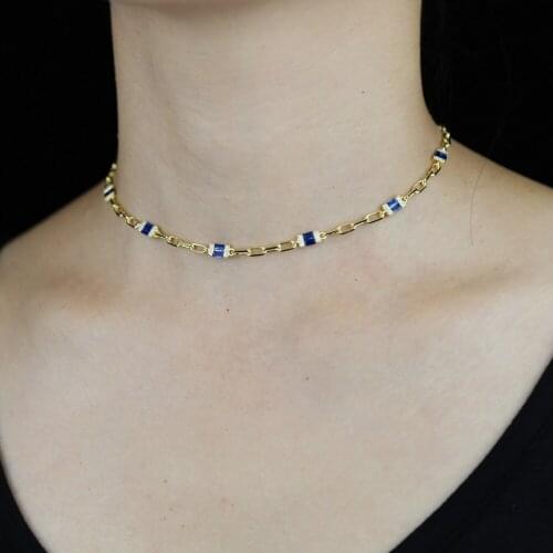 2020 New Square CZ Choker Gold Color Link Chain Baguette Blue Red cz fashion Wimen CZ Jewelry Cute CZ Pendant Necklace