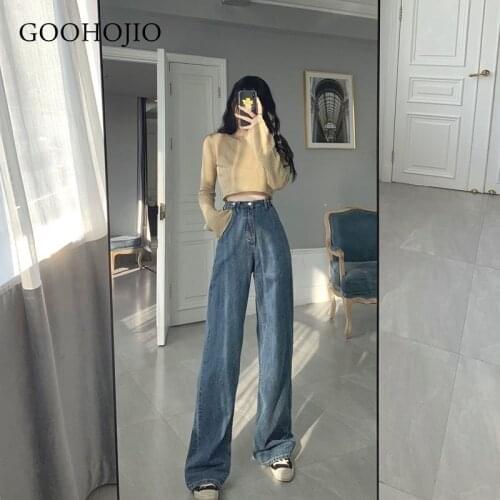 GOOHOJIO 2021 New Spring and Autumn Oversized Casual Wide Leg Trousers Straight-leg Jeans Women High Waist Vintage Cowboy Pants