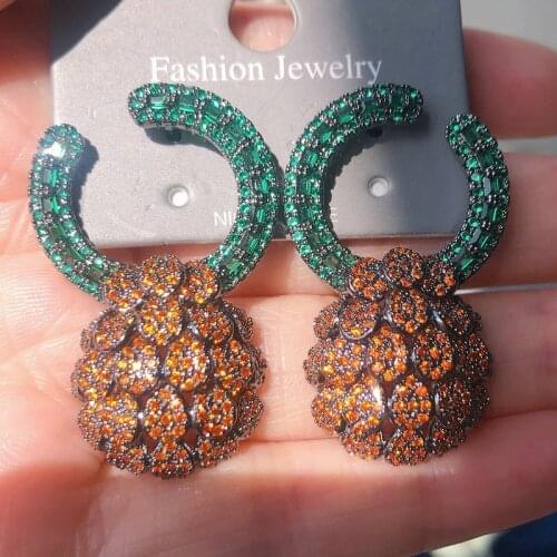 Bilincolor Luxury Large Micro Cubic Zirconia Paved Orange Pineapple Earring for Women Wedding Party