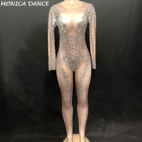 Stage Sparkly Silver Crystals Jumpsuits Sexy Big Rhinestones Nude Bodysuit Women Birthday luxurious Outfit Evening Costume Wear