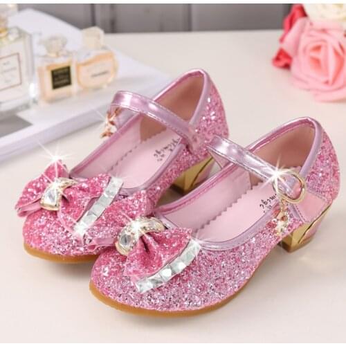 Kids Girls Wedding Dress Shoes Children Elsa Princess Shoes Bowtie Purple Pink Blue Leather Shoes For Girls Casual Shoes Flat