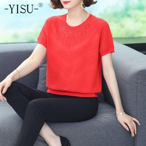 YISU Summer Simple Women Thin Sweater Lapel Solid color O-Neck Casual Short sleeve Tops Female Knitted Pullover Women Clothing