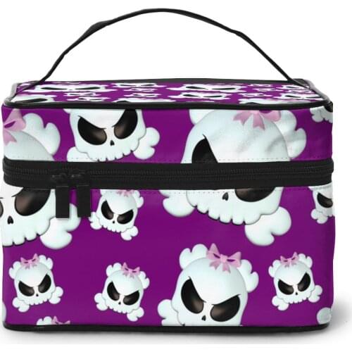 Womens Travel Organization Beauty Cosmetic Make up Storage Lady Wash Bags Skulls With Pink Bows Purple Handbag Pouch