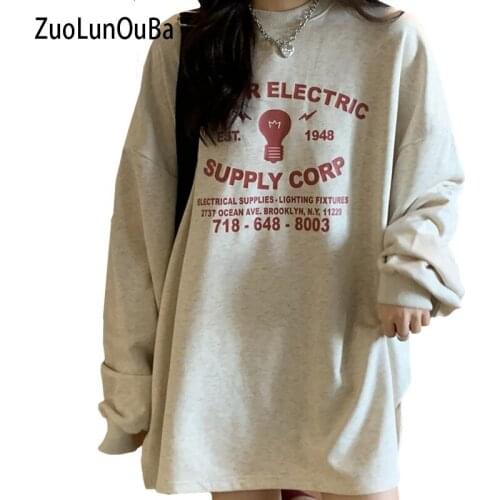 ZuoLunOuBa Retro Port Style Woman T Shirt Print Letter Digital Loose Long Sleeve Female Tees Casual Korean Spring Autumn Tops