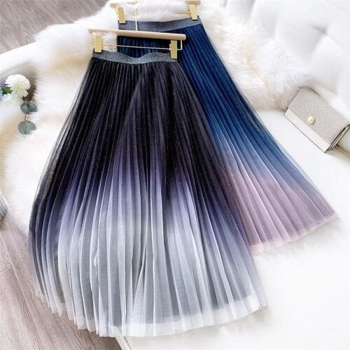 Fashion Gradient Color Tulle Skirt Women High Waist Pleated Long Skirt Female A-line Tutu Summer Mesh Skirt