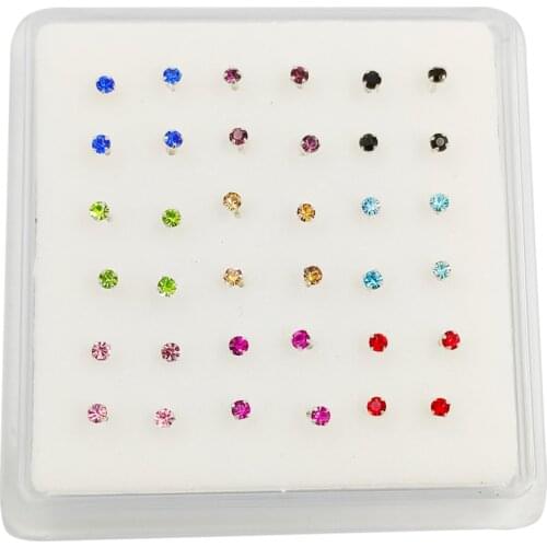 925 sterling silver Mix-color 2 mm crystal nose stud indian nose pin bone 36pcs/pack