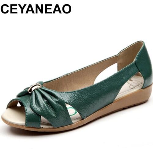 CEYANEAO Women Genuine Leather Flats Open Toe Casual Female Shoes Breathable Summer Sandals Shoes Women Hollow Out Flats Shoes