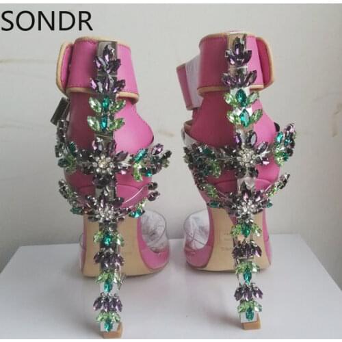 Women Peep Toe Rinestones Crystal Lock Real Leather Ankel Buckle Clear Stilettos Shoes Clear Transparent Plus Size 12Colors C285