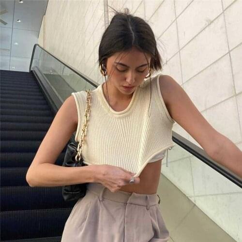 Women 2021 Knitted T-Shirts Fashion Cropped Sweater Vintage O Neck Sleeveless Female Pullover Scrimping Chic Tops