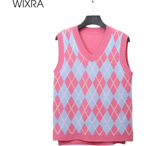 Wixra Womens Preppy Style Sleeveless Argyle Vest Split Sweaters Ladies Trendy V Neck Jumpers Pullovers Spring Stylish Tops