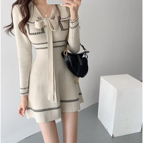 Bow Knitted Mini Dress Long Sleeve A Line Sweater Vestidos Elegant Vintage Autumn Winter Korean Office OL Robe