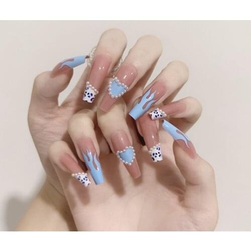 24pcs Pearl Inlaid Fake Nail Patch Blue Glue Type Removable Long Paragraph Fashion Manicure Save Time False Nail Patch AUG889