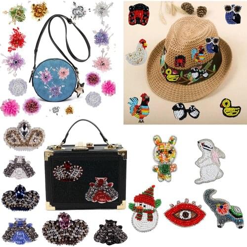 5pc Handmade Rhineston Sequin Beaded Patches Owl Penquin Insect Rabbit Animal Motifs Crown Craft Sew on Flower Applique Apparel