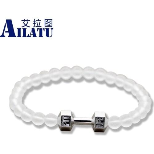 Ailatu New Arrival 6mm Frosted Glass Beads & Alloy Fitness Dumbbell Mens Energy Barbell Bracelets Festive Gift