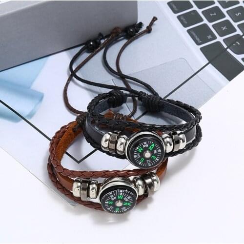 Beaded PU Leather Bracelet Multi-layer Hand Woven Outdoor Compass Bracelet for Men Women TT@88