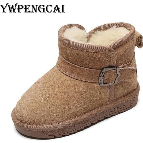YWPENGCAI Genuine Leather Kids Boots Warm Thick Plush Boys Ankle Snow Boots Size 21-36 Outdoor Toddler Boots Girls Winter Boots