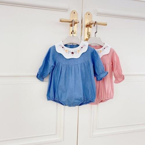 Baby Girls Clothes Long Sleeved Cute Solid Romper Spring Autumn Pure Cotton Infant Kids Flower Embroidery Jumpsuits Overalls