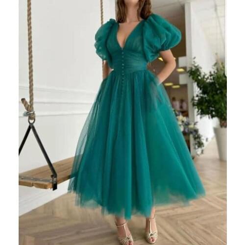 Elegant Pleated Short A-Line Tulle Evening Dresses Tea Length Zipper Arabic Green Abendkleider Formal Party Dress for Women