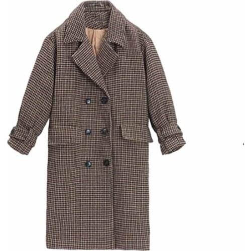 Plaid Woolen Coat Girls Long Paragraph Korean Loose Ladies Winter Coat Female Cashmere Knee