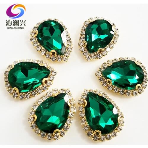 Malachite green Golden bottom Top grade Glass Crystal buckle,Drop shape sew on rhinestones,Diy wedding decoration 10pcs/pack