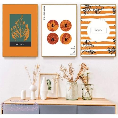 Fashion Orange Style Hi Fall Canvas Painting Abstract Leaves Art Letter Poster Wall Art Pictures Bedroom Minimalist Decoration