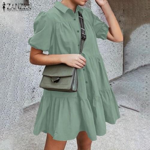 ZANZEA 2021 Fashion Solid Shirt Dress Women Puff Sleeve Sundress Summer Casual Short Vestido Female Button Lapel Robe Oversized