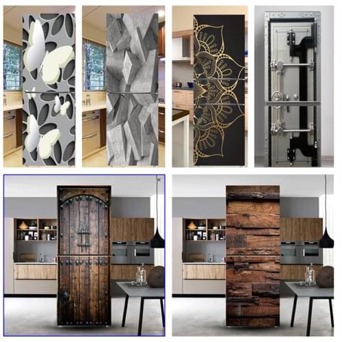 Retro Wood Grain Refrigerator Wrap Freezer Sticker Butterfly Art Fridge Door Cover Wallpaper Kitchen Accessories Modern Design