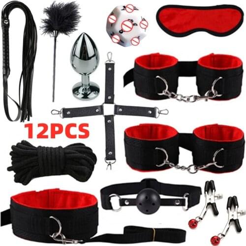 BDSM Handcuffs Whip Nipples Blindfold Mouth Gag Flirt Games Anal Plug Vibrator Adult Sex Toys Bondage Restraints Kit For Couples