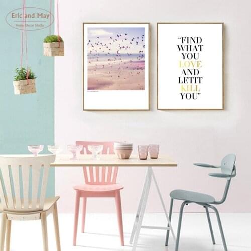 Pink Sky Birds Wall Art Canvas Painting Yellow Letter Posters And Prints Canvas Art Two Wall Pictures For Living Room Unframed