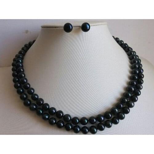 Charming Pearl Jewellery Set Black Color Double Rows AA 7-8MM Potato Round Real Freshwater Pearl Necklace Earrings