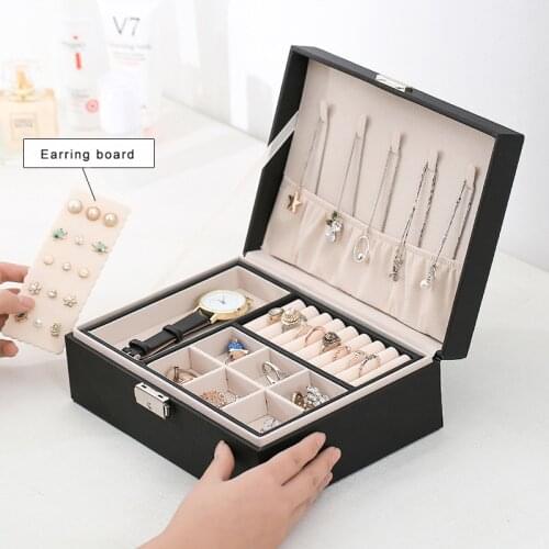 PU Leather Jewelry Organizer Box Double Layer Earrings Rings Bracelets Display Storage Box with Lock