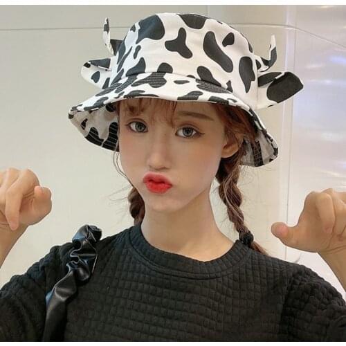Korean Women Men Summer Cotton Bucket Hat Milk Cow Pattern Kawaii 3D Ox Horn Ears Wide Brim Sunscreen Fisherman Cap