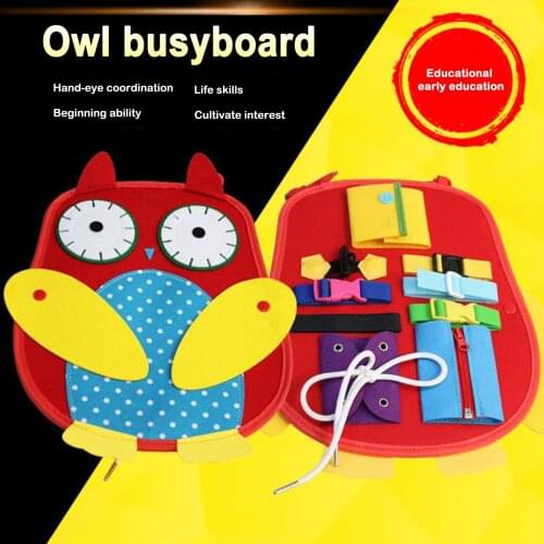 Cloth Owl Busy Board Button Buckle Skill Sensory Board Toys 0-36 Months