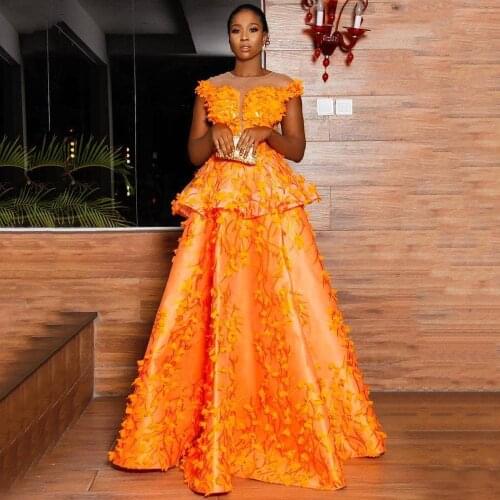 Aso Ebi Evening Gown Orange A-line Handmade Appliques Capped Sleeves Formal African Party Night Prom Long Dresses Hot