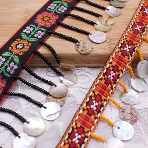 1Yards/Lot Vintage Shell Handmade Beaded Lace Copper Tassel Lace Ribbon Bohemian Silk Tassel Fringe Trim Handmade Sewing Clothes