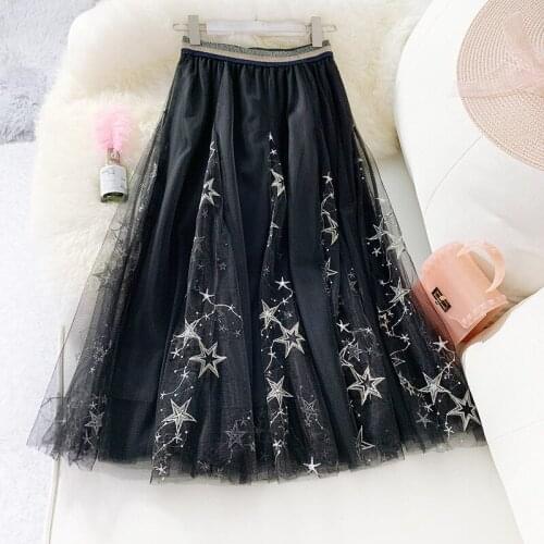 Embroidered Sequin A Line Mesh Tulle Skirt Summer Swing Starry Fairy WF0032 Women Ladies Blue Black Long Skirt