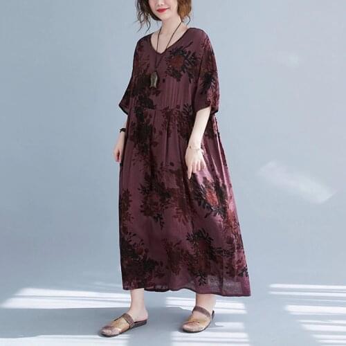 Thin Soft Cotton Linen Loose Summer Dress Print Floral Vintage Dress Plus Size Women Holiday Travel Casual Beach Style Dress