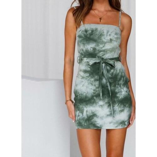 2021 Summer Sexy Tie Dye Knitted Camisole Bodycon Dresses Women Spaghetti Strap Sleeveless Slim Stretch Camis Mini Dress Clothes