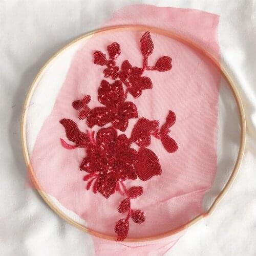 1Piece 28X15cm Lace Applique Red Golden Silver Navy Sequins Laced Patch Fabric For Sewing Accessories