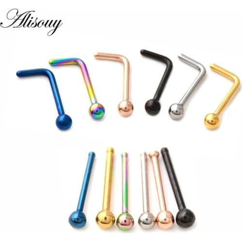 Alisouy 1 pcs 20g 0.8*7*2mm Nose Ring Straight Curved rod Women Girl Surgical Steel Nose Piercing Nose Stud Body Jewelry
