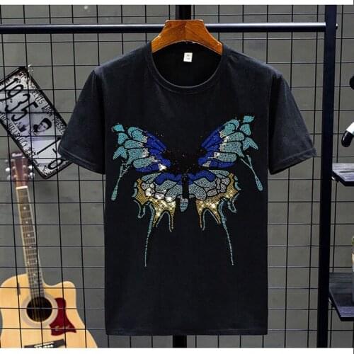 Butterfly Style Hot Drilling Rhinestone Summer Mens T-Shirt Plus Size Tees Loose Ventilation Cotton O-Neck Short Sleeve Party 5